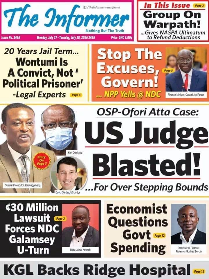 Newspaper Headlines Monday - 27/07/26