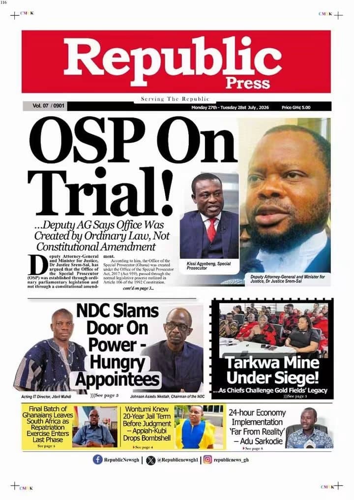Newspaper Headlines Monday - 27/07/26