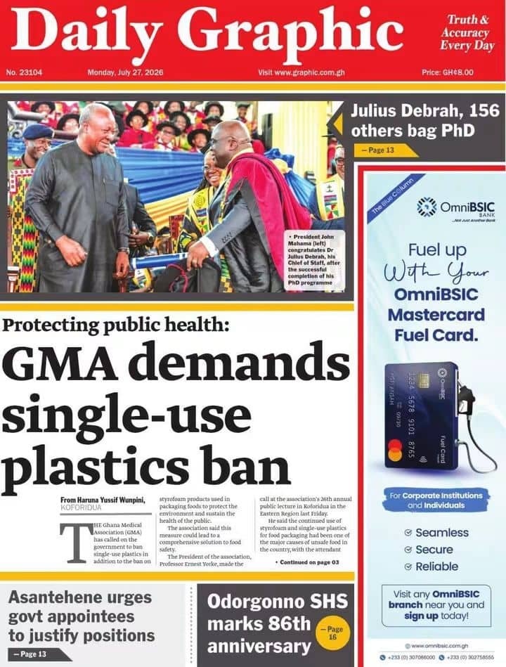 Newspaper Headlines Monday - 27/07/26