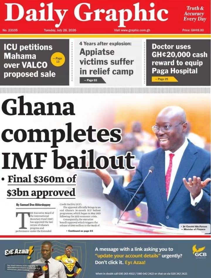 Newspaper Headlines Tuesday - 28/07/26