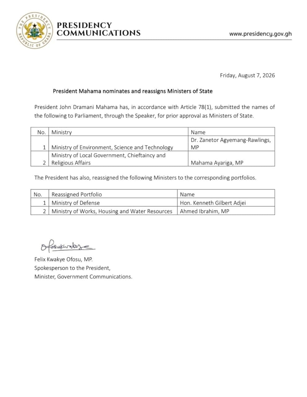 President Mahama nominates and reassigns Ministers of State