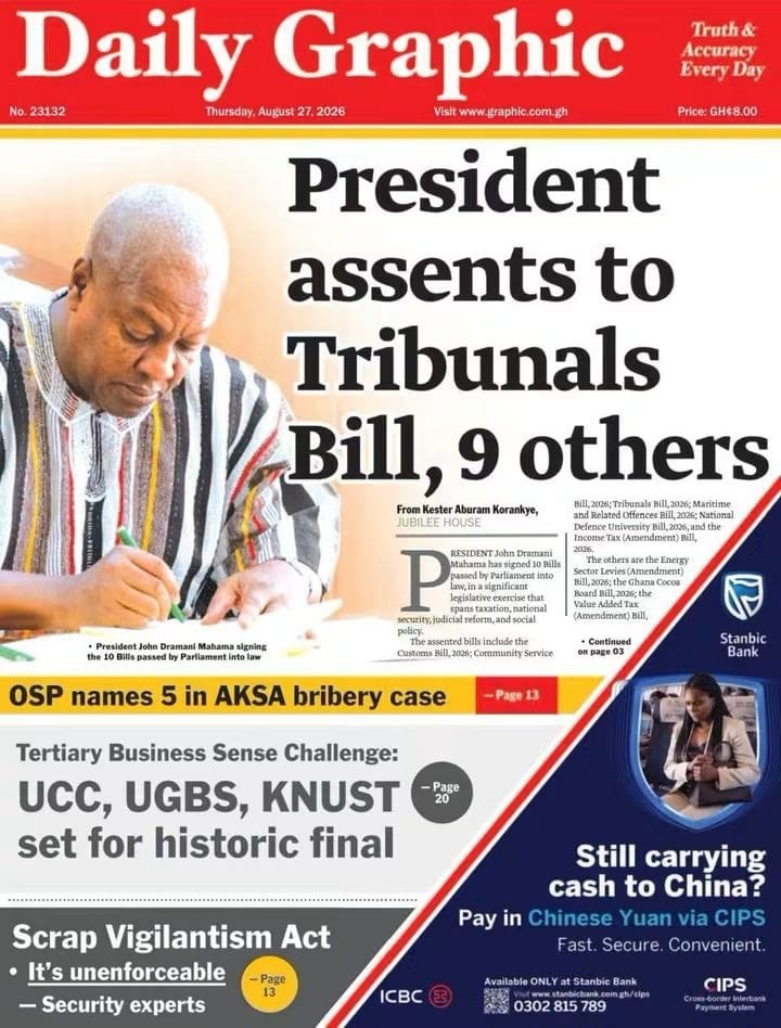 Newspaper Headlines - Wednesday, 27/08/26