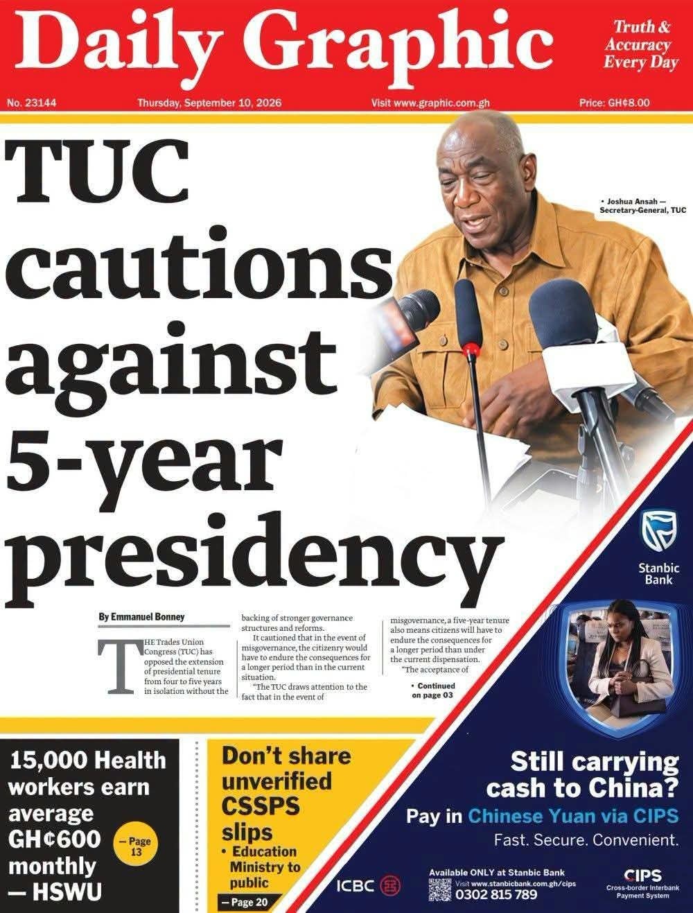 Newspaper Headlines - Thursday, 10/09/26